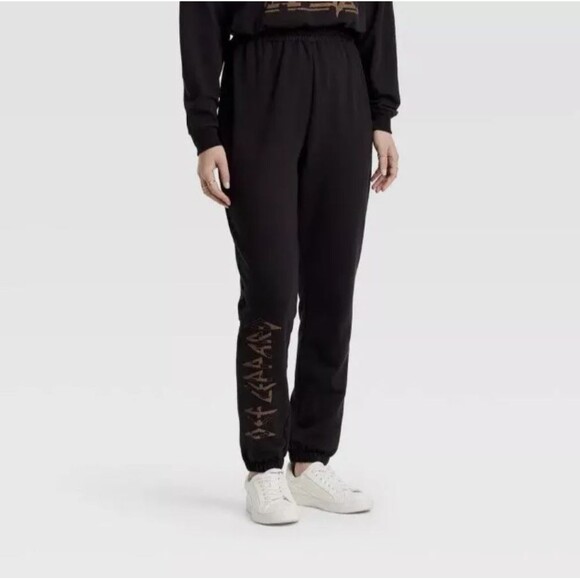 Women's Def Leppard Graphic Jogger Fleece Pants - Elastic Waist, Black, Small - Picture 1 of 2
